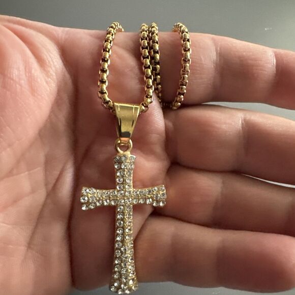 Cubic Zirconia Stainless Steel Cross Pendant Studded 24 Inch Necklace Gold Plate - Picture 5 of 6